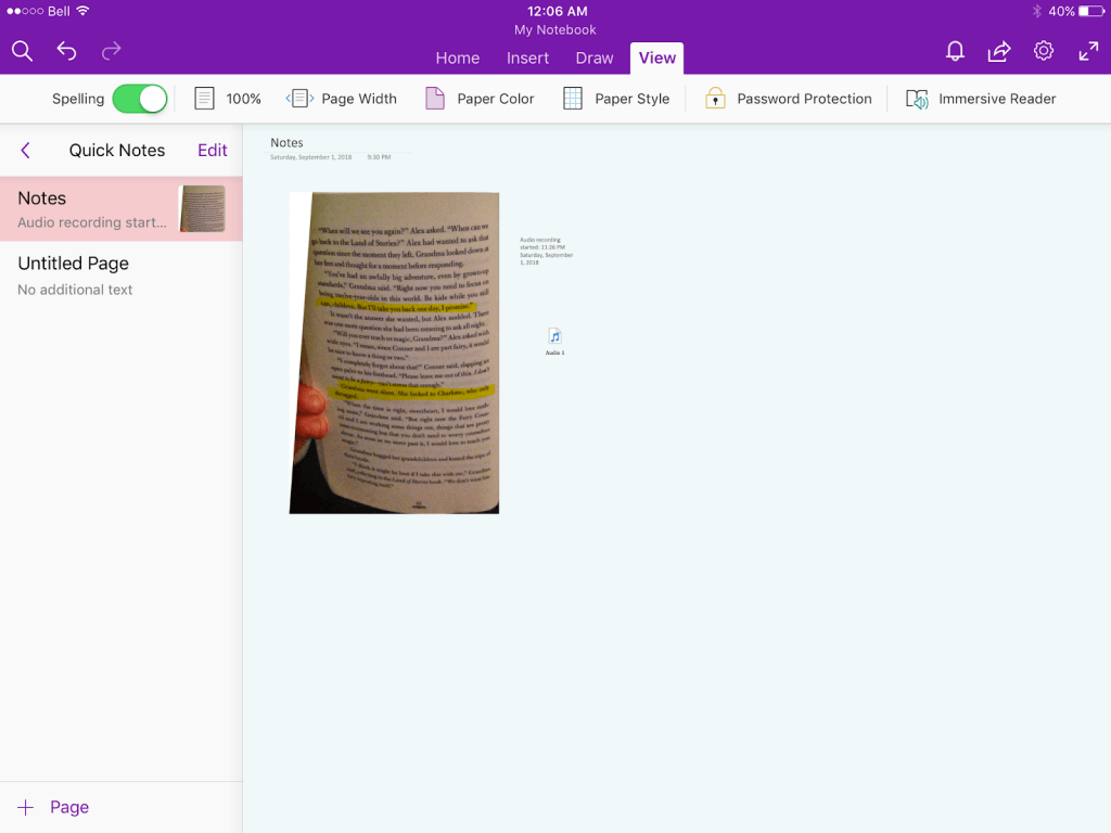 View Tab in Microsoft OneNote